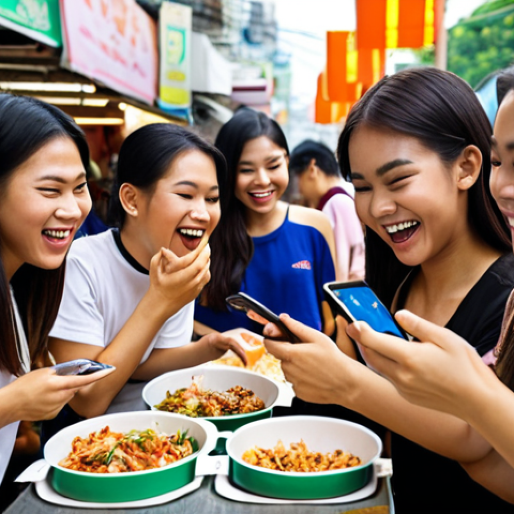 ** A group of diverse Thai university students enthusiastically using a food delivery app on their phones, laughing and looking happy. Focus on healthy food options being displayed. Bangkok street food stalls visible in the background, subtly blurred.

**
