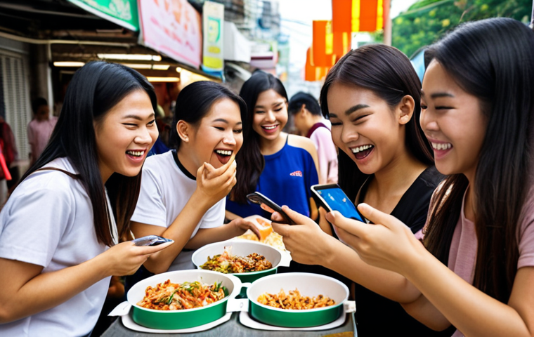 ** A group of diverse Thai university students enthusiastically using a food delivery app on their phones, laughing and looking happy. Focus on healthy food options being displayed. Bangkok street food stalls visible in the background, subtly blurred.

**