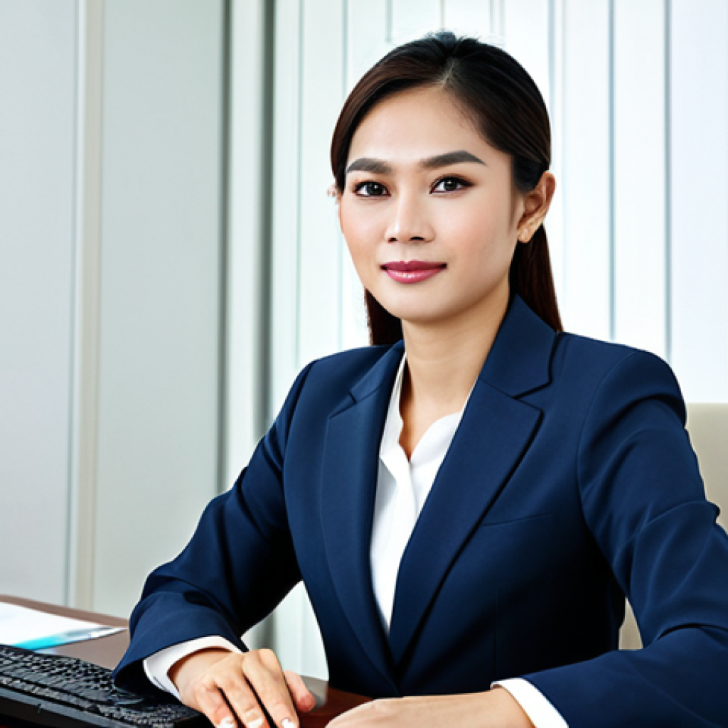 ** A professional Thai businesswoman in a modest business suit, sitting at a desk in a modern Bangkok office. Fully clothed, appropriate attire, safe for work, perfect anatomy, natural proportions, professional photography, high quality. Focus on confident expression and modern office details. Family-friendly.

**