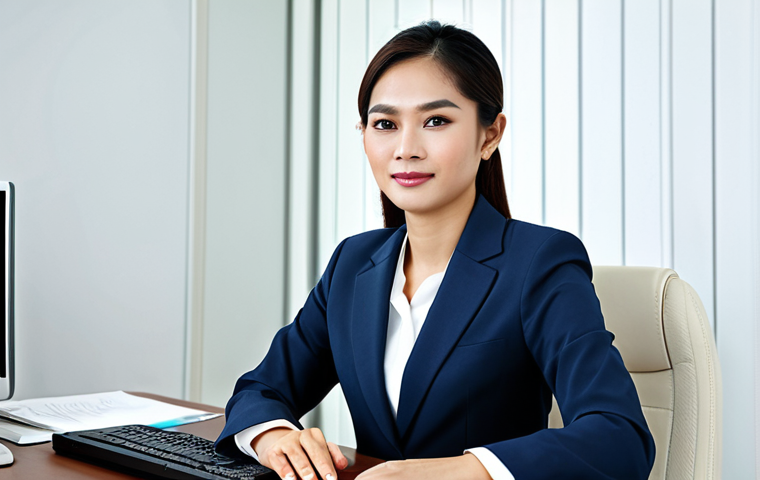 ** A professional Thai businesswoman in a modest business suit, sitting at a desk in a modern Bangkok office. Fully clothed, appropriate attire, safe for work, perfect anatomy, natural proportions, professional photography, high quality. Focus on confident expression and modern office details. Family-friendly.

**